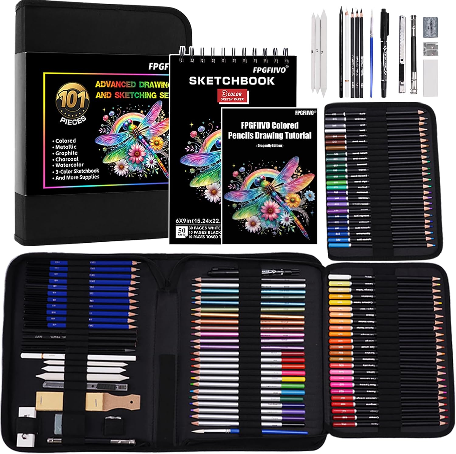 FPGFIIVO 151 Pcs Sketch Art Set, Art Supplies with 3-Color Sketchbook and Tutorial, Colored, Watercolor, Metallic, Graphite, Charcoal Pencils, Drawing Set Gifts for Artists Adults Kids Teens Beginner 101