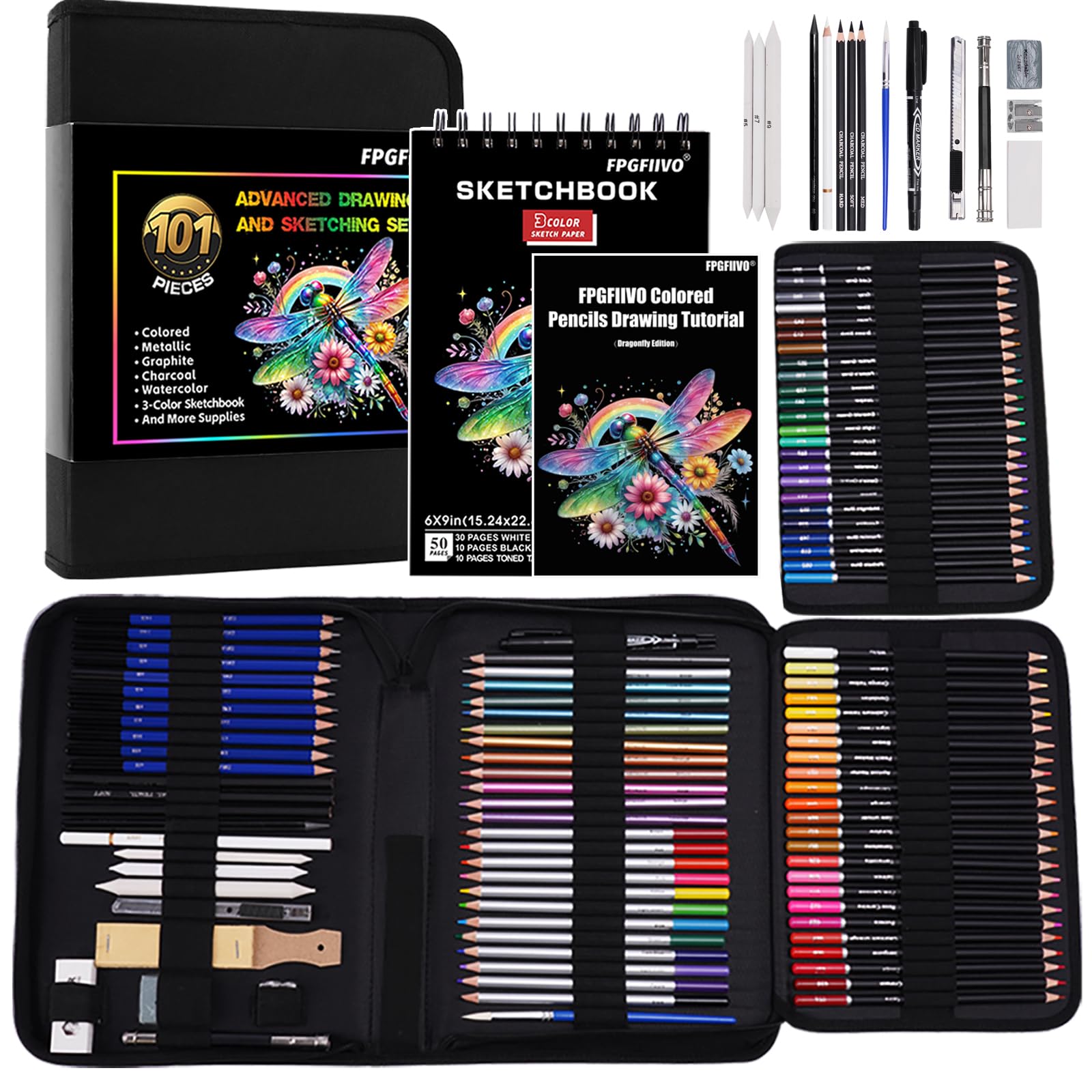 FPGFIIVO 101 Pcs Sketch Art Set, Art Supplies with 3-Color Sketchbook and Tutorial, Colored, Watercolor, Metallic, Graphite, Charcoal Pencils, Drawing Set Gifts for Artists Adults Kids Teens Beginner