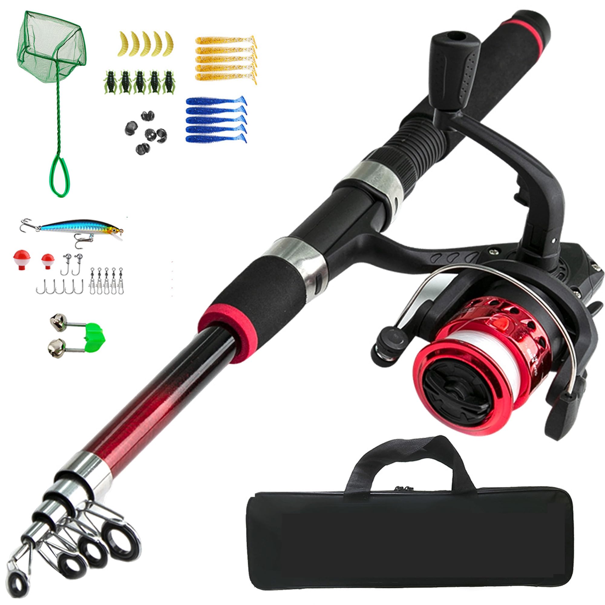 Kids Fishing Rod Starter Set, Teleskopowy Wędkarski Pręt i Spinning Reel Combo Set, 1,8 m Zestaw Słupków Wędkarskich z Linią, Przynęty, Torebka, Diddle-Net, Idealny Prezent Dla Dzieci