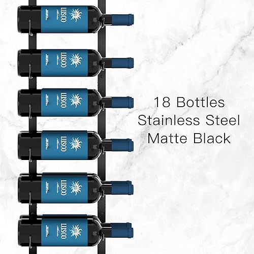 Miniatura 3 de Estante de vino de acero inoxidable montado en la pared, estante de vino de pared de 123 para 18 botellas, estante de vino colgante negro mate,