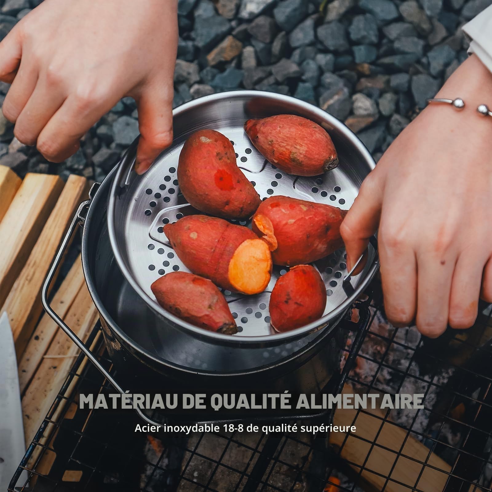 Fire-Maple Antarcti Pot de Camping en Acier Inoxydable 1,8L avec Panier Vapeur – Poignée Pliable pour Feu de Camp