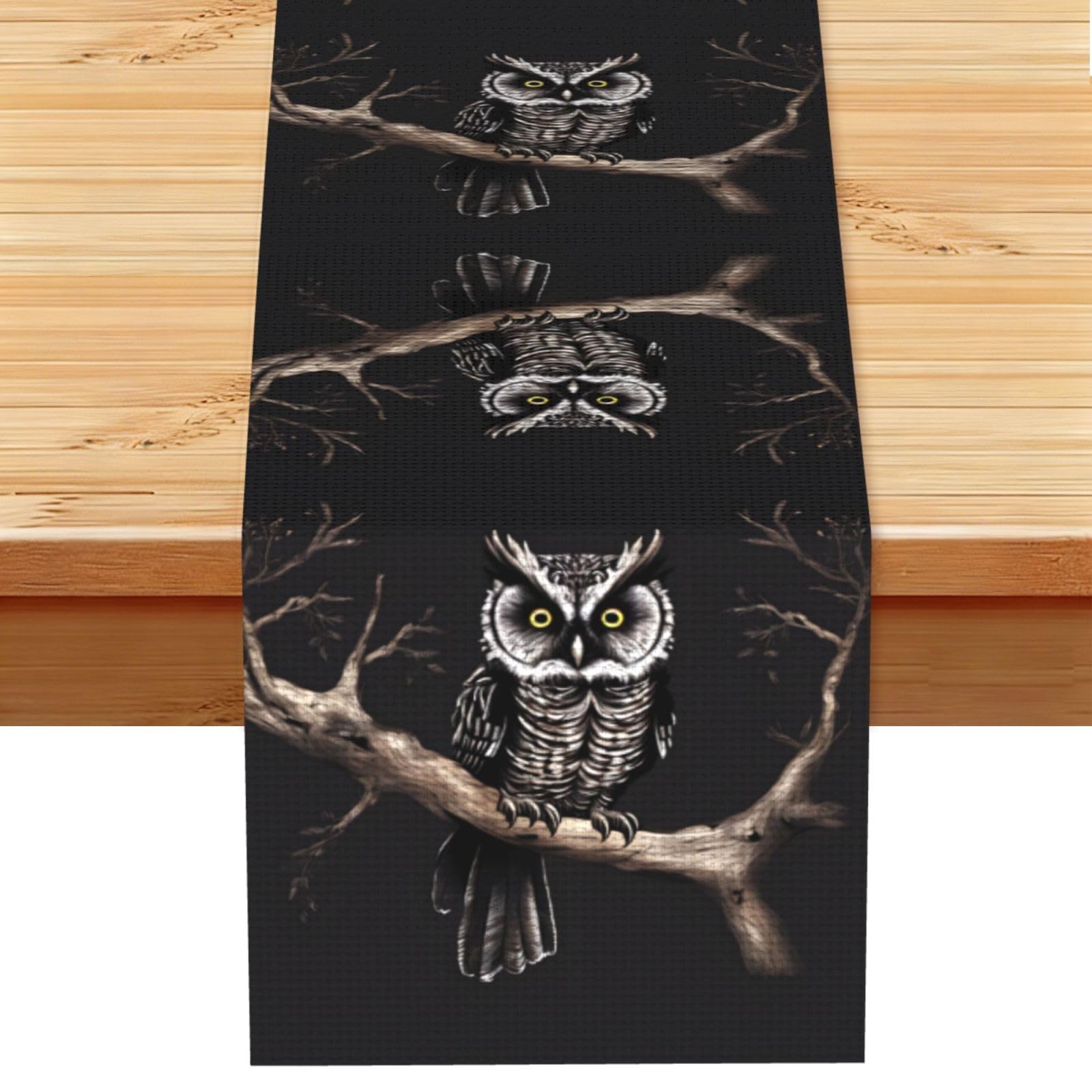 Late Night Owl Linen Look Table Runner 13x72-Wrinkle Resistant Farmhouse Style for Dining Table Decor