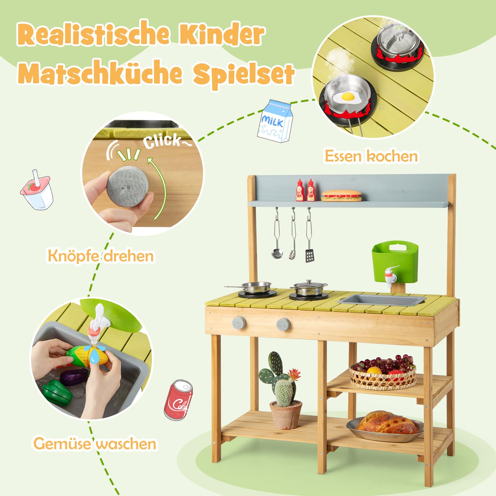 DREAMADE Matschküche Kinder Outdoor, Kinderküche mit Wassertank, Wasserhahn, Herd & abnehmbarem Regal, Spielküche aus Tannenholz, Outdoor Küche inkl. Zubehör für Jungen & Mädchen ab 3 Jahren (Natur)