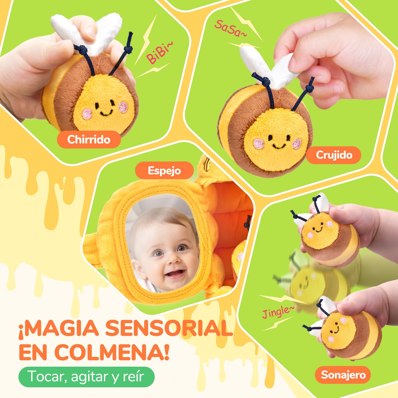 JoyCat Juguetes Bebe 6 Meses, Montessori Colmena con 5 Abejas de Peluche, Arrugas, Sonajas y Espejo, Juguetes Sensoriales Bebes 6-12 Meses, Regalo Bebe Niño Niña 1 Año