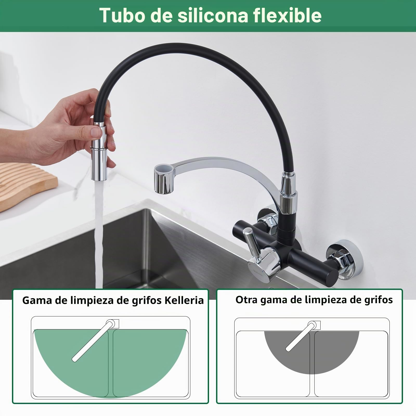 Grifo Cocina de Pared Flexible 15cm, Grifería Monomando Mural de Acero Inoxidable con Caño de Silicona Flexible 180° Giratorio, Torneira Cozinha para Fregadero, Aireador Extraíble, Negro