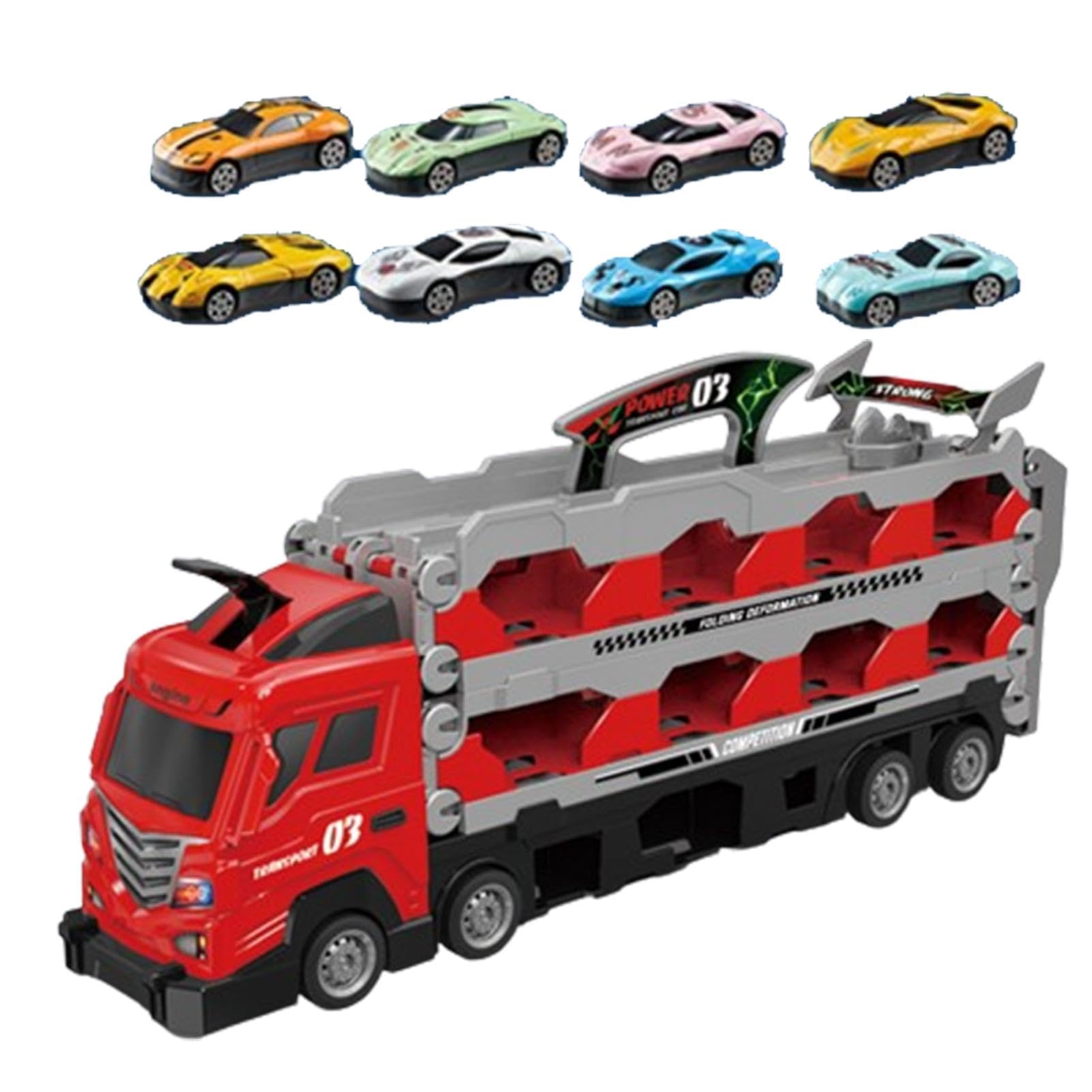 Tioheam Juguete Portacoches,Camioneta De Juguete Transportador De Coches | Portacoches de pista de carreras de eyección,Camión transportador grande, pista de autos de carreras con 8 autos de aleación,