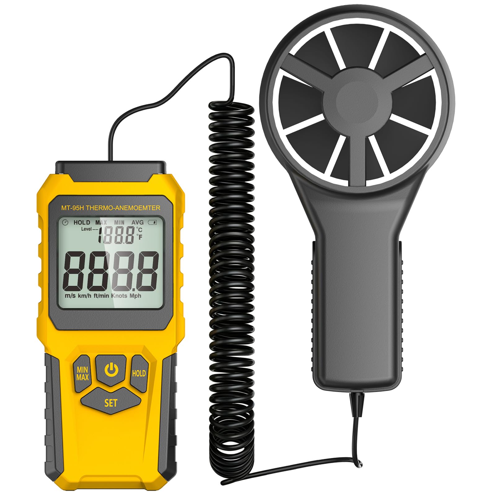 MT-95H Anemómetro digital con sonda remota, medidor de velocidad del viento de tipo dividido y temperatura, 5 unidades (m/s, km/h, pies/min, nudos, mph) - Pantalla de mano para conductos HVAC