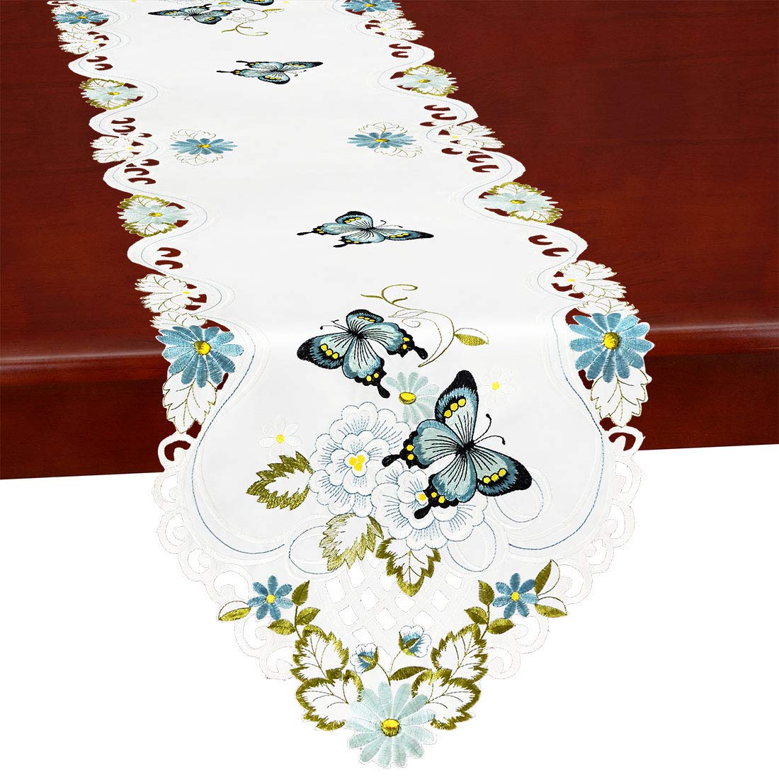 Simhomsen Embroidered Butterfly Table Runner for Spring and Summer, Dresser Scarf (Aqua, 14 x 53 inches)