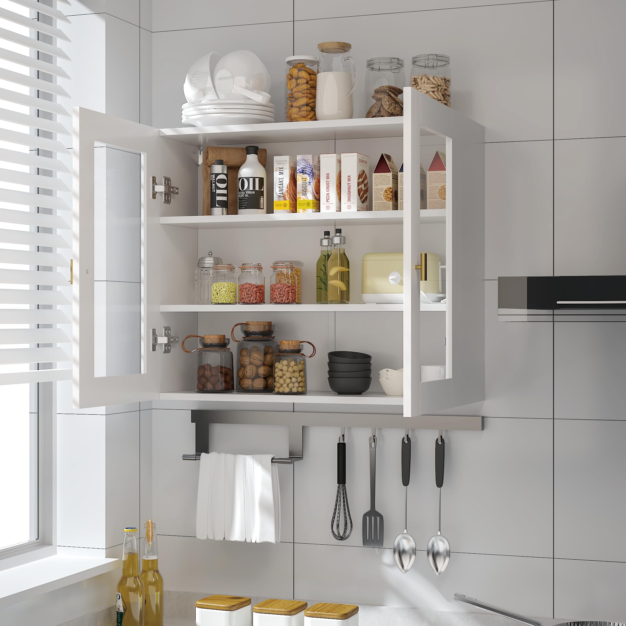KEEPREAPER Hängeschrank 70cm Küchenhängeschränke mit 2 Glastüren, Wandschrank für Gewürze, Medizinschrank & Apothekerschrank Wandmontage, Geeignet für Küchen, Wohnzimmer, Flur (Weiß)