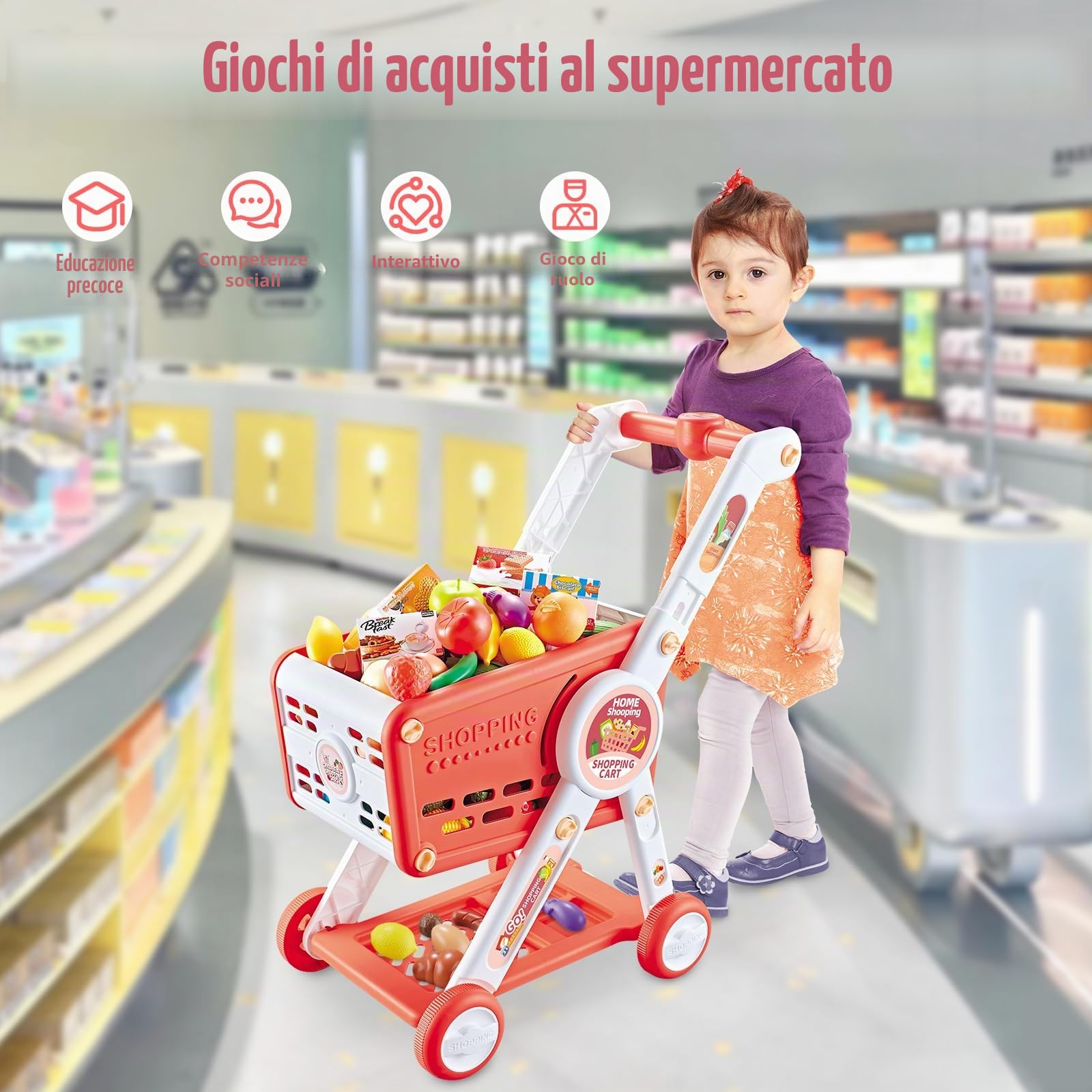 Carrello Spesa Giocattolo Bambini, 31PCS Supermercato Carrello Spesa con Accessori Alimenti Frutta Verdura , Gioco di Ruolo Cestino della Spesa Giochi del Negozio per Ragazzi Ragazze (Rosso)