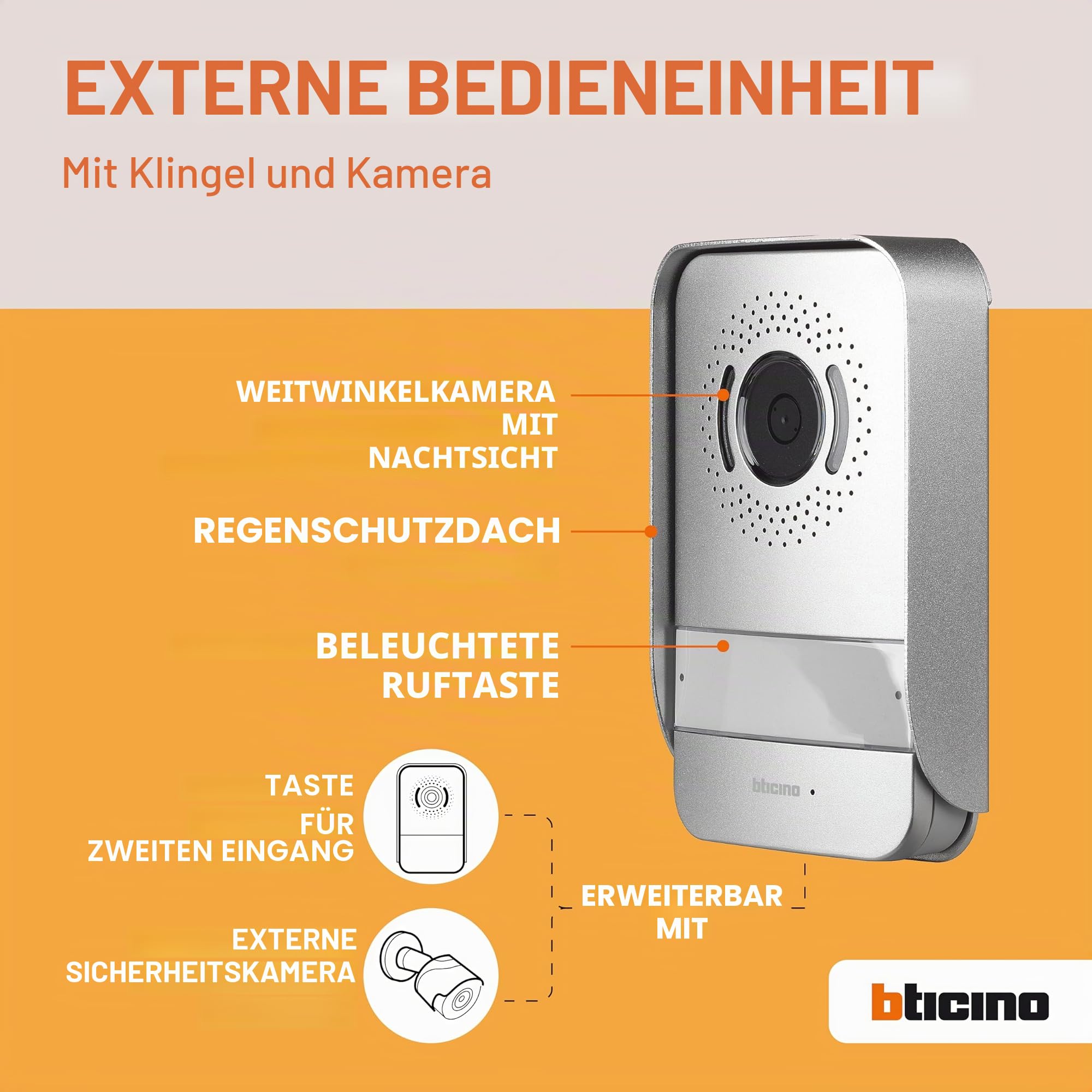Bticino 318913 Easykit Plus Video-Türsprechanlage für 1-Familienhaus, Plug-In mit 2 Drähten, 1 externer Taster mit Klingel und Kamera, 1 interner Monitor 7 Zoll in Farbe mit Freisprecheinrichtung,