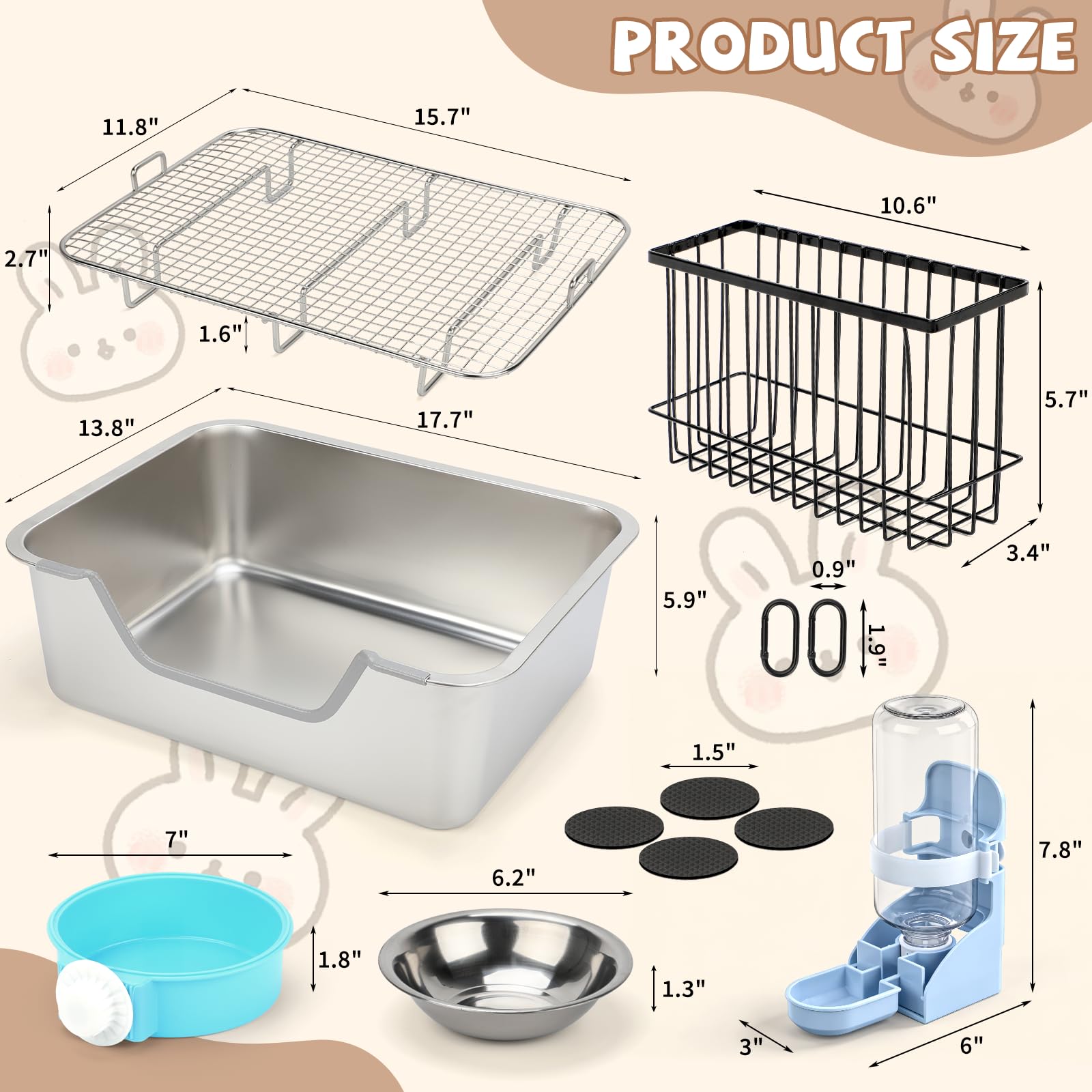 BWOGUE Large Rabbit Litter Box with Raised Grid, Stainless Steel Bunny Litter Pan with Hay Feeder & Water Dispenser, Metal Rabbit Potty Box for Guinea Pigs, Small Animals, Mess-Proof, Easy to Clean - 3