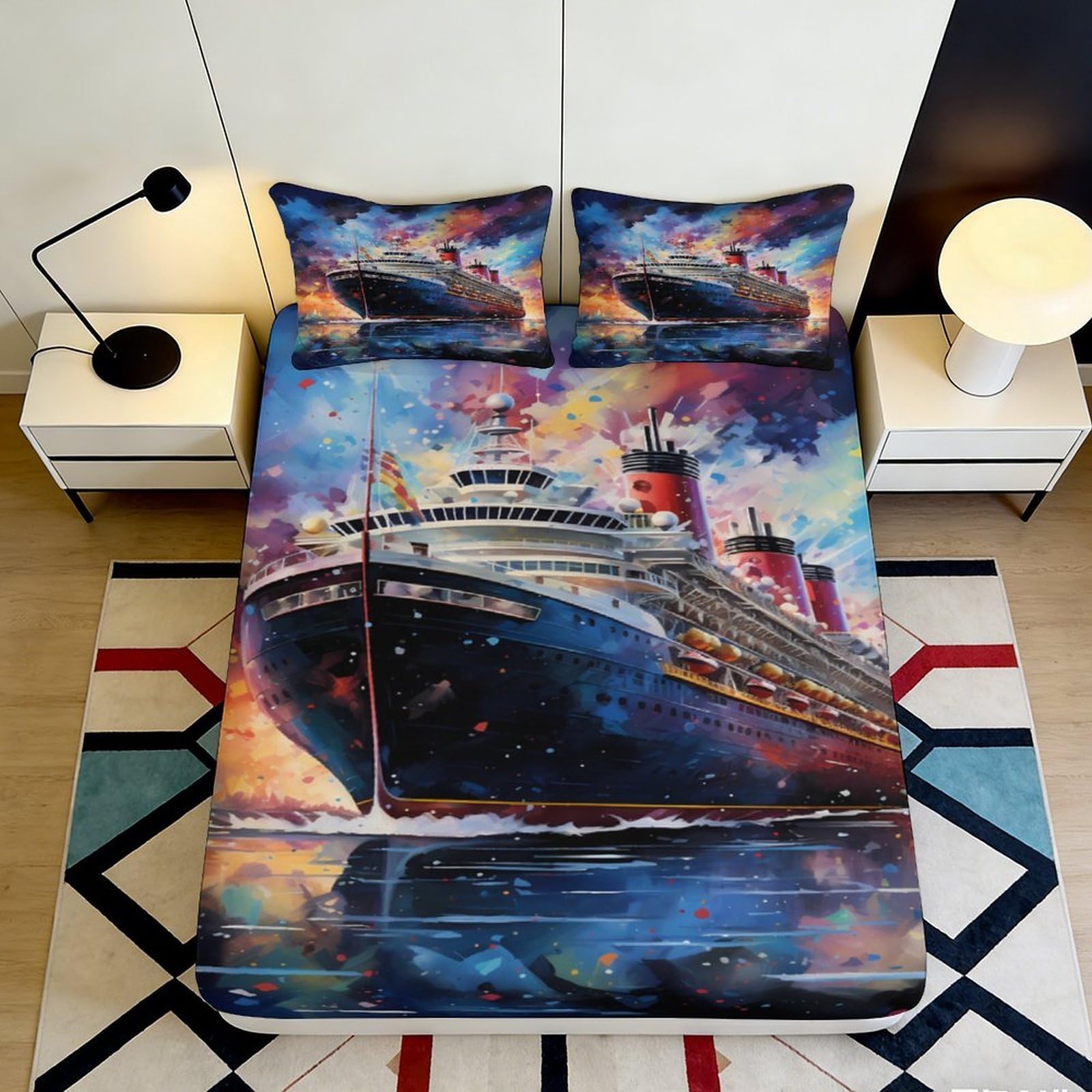 3D Printed Cruise Ship Ocean Art Fitted Sheet Microfiber Soft Mattress Cover for Bedroom Guestroom Dorm Decor 140x200x25cm