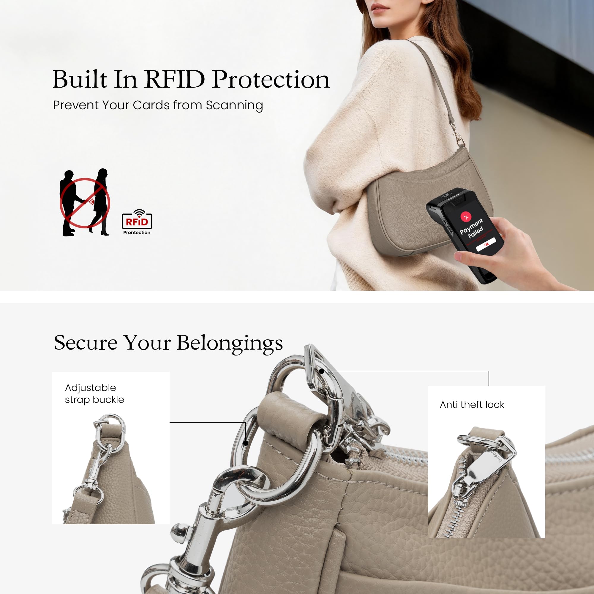 befen Bolso Bandolera Mujer Bolsos Mujer de Cuero Auténtico Casual Hobo Bolso de Hombro con Protección RFID