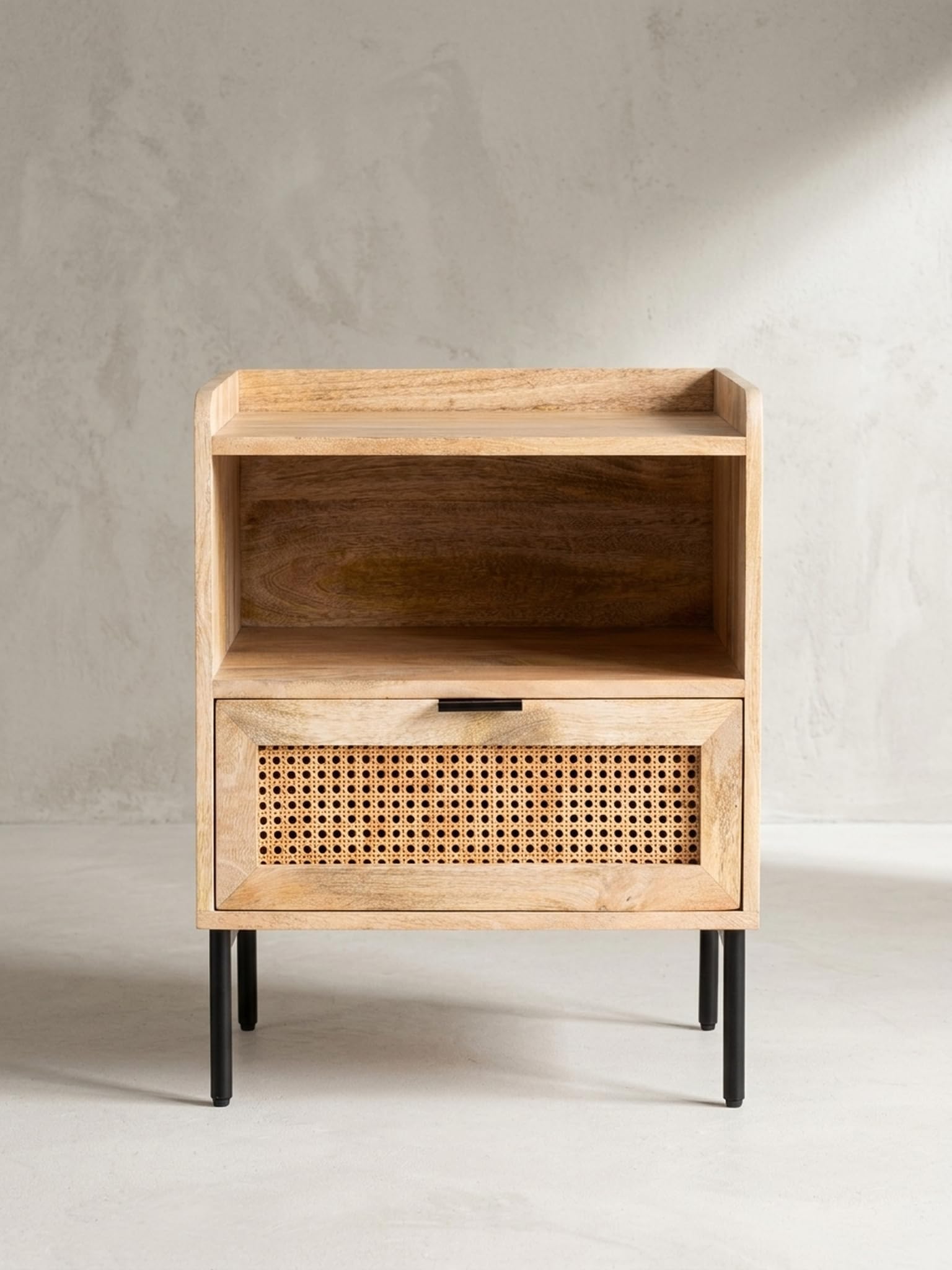 Consolle da notte Mango in legno massello/rattan, 50 x 60 x 40 cm, comodino marrone, comodino con cassetto intrecciato viennese, comodino con vano portaoggetti e