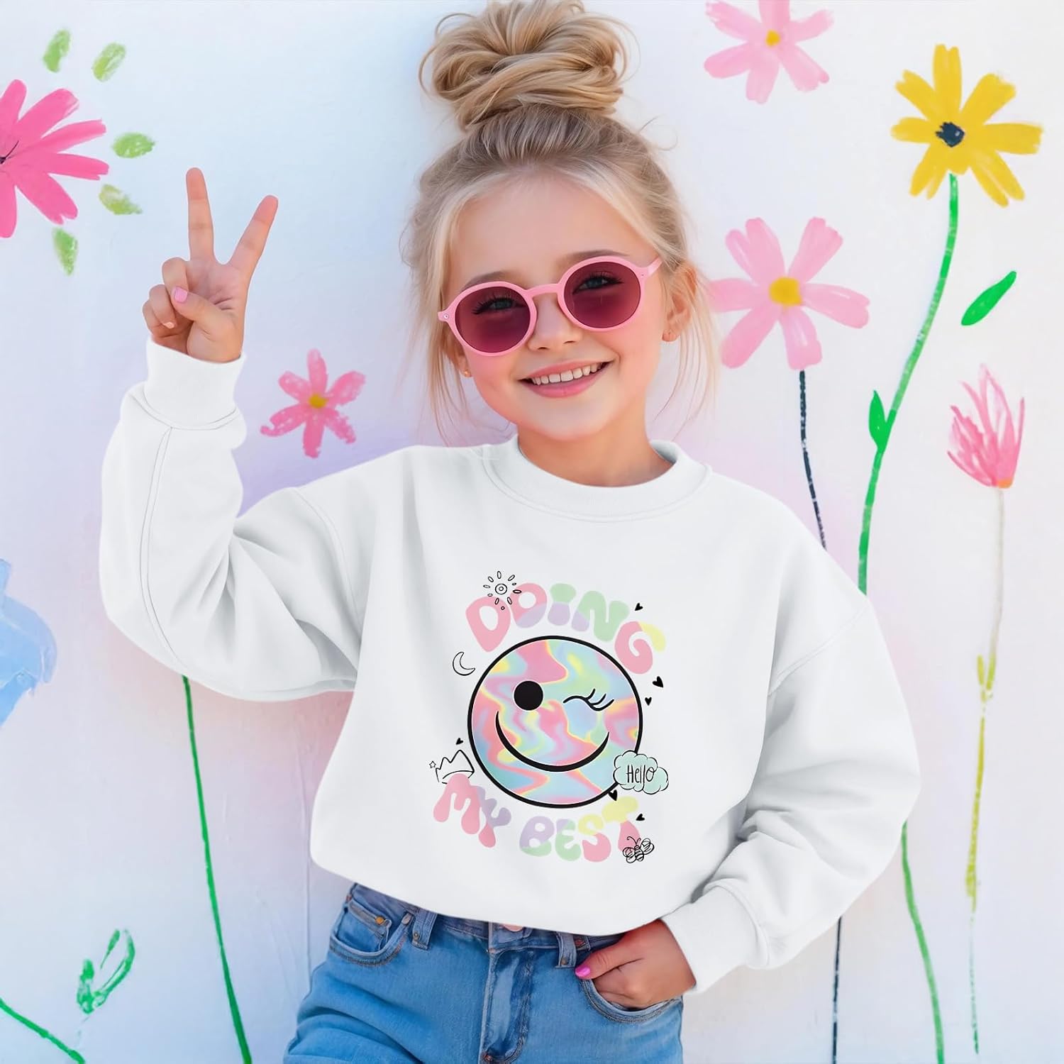 KIEKIECOO Girls Cute Graphic Sweatshirts Smile Face Sweatshirt Kid Preppy Crewneck Pullover Casual Long Sleeve - Image 2
