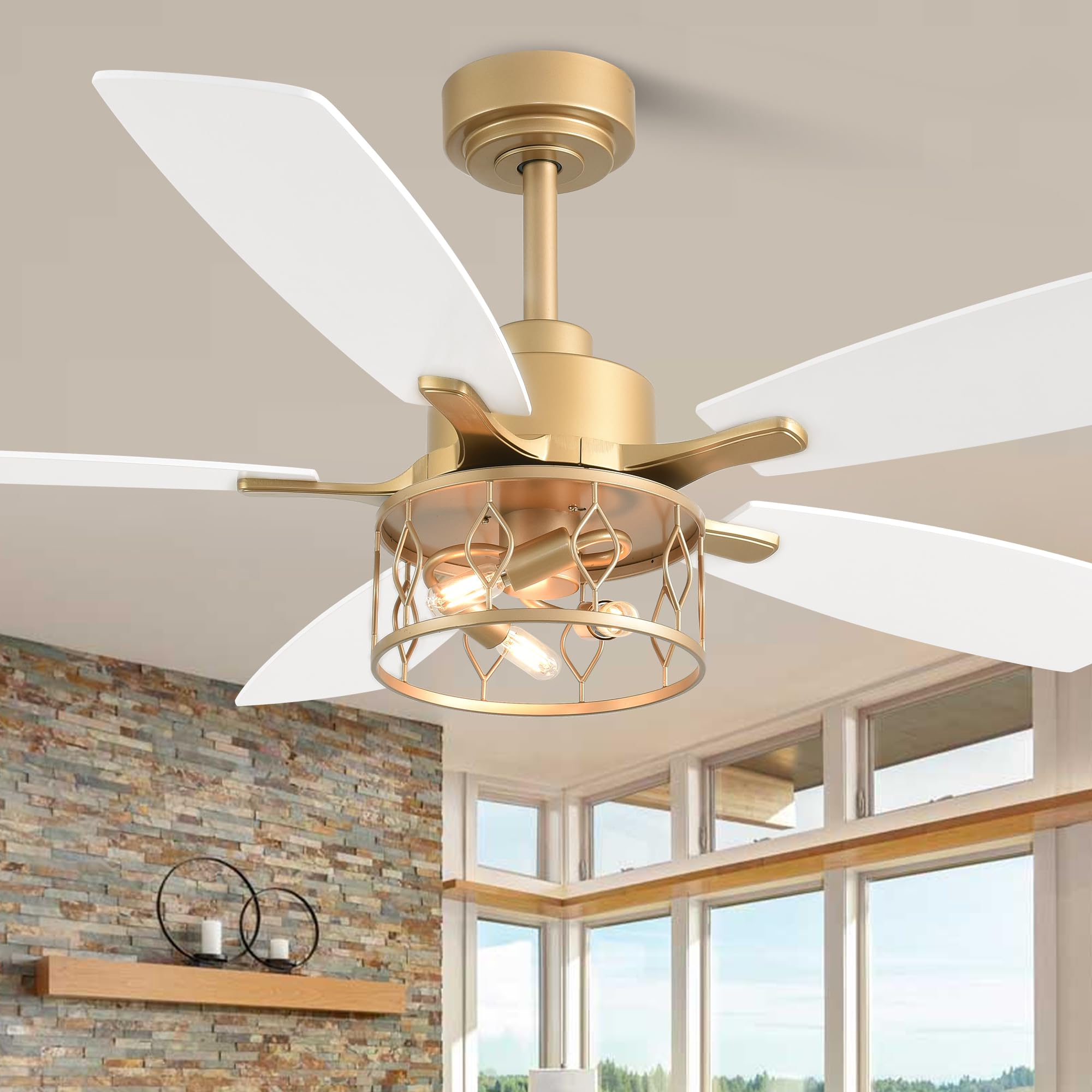 52'' Modern White and Gold Ceiling Fan with Light Chandelier Fan
