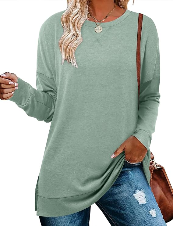 BETTE BOUTIK Women's Drop Long Sleeve Sweatshirts Casual Crewneck Tunic Tops Sweartshirts With Side Slits S-3XL