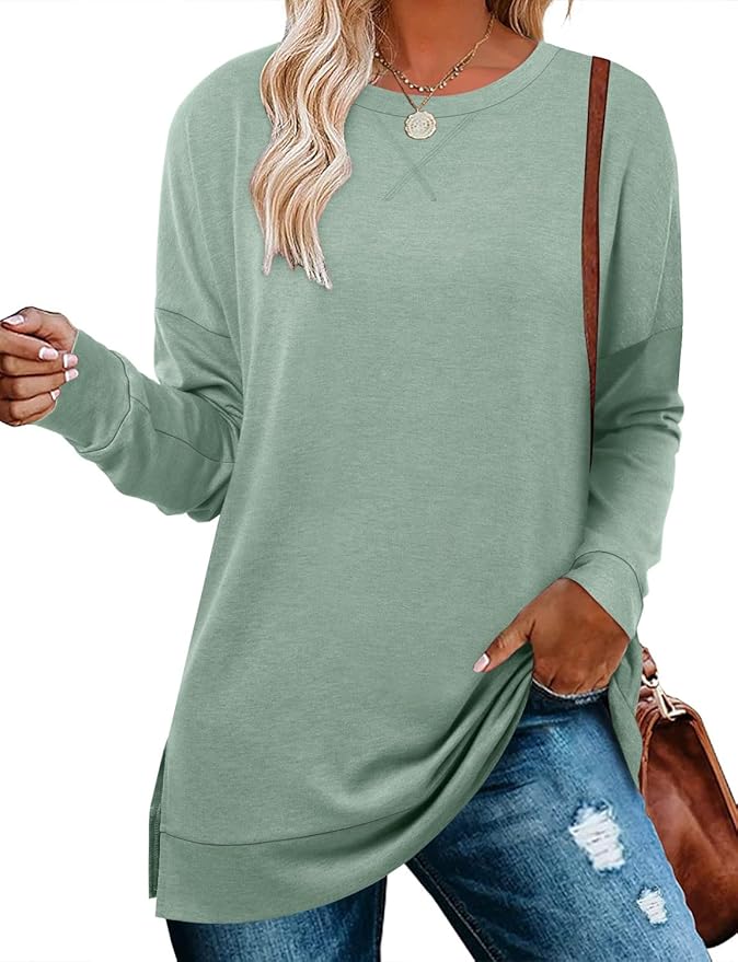 BETTE BOUTIK Women's Drop Long Sleeve Sweatshirts Casual Crewneck Tunic Tops Sweartshirts With Side Slits S-3XL