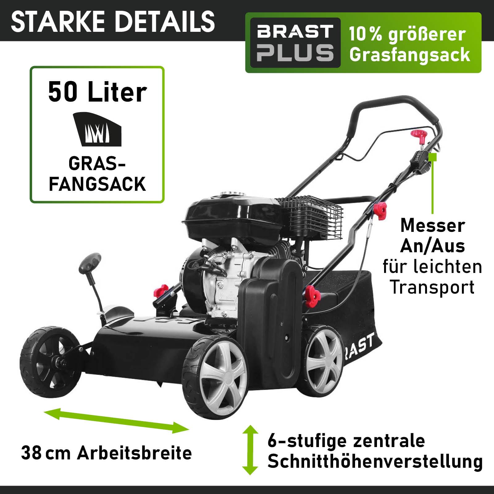 BRAST scarificateur thermique 196cc 4,9ch Motor 4 temps, largeur de travail 38 cm, bac 50 l, carter robuste en metal, prof. regl -12 +12mm émousser gazon - surface jusqu' à 1200m²