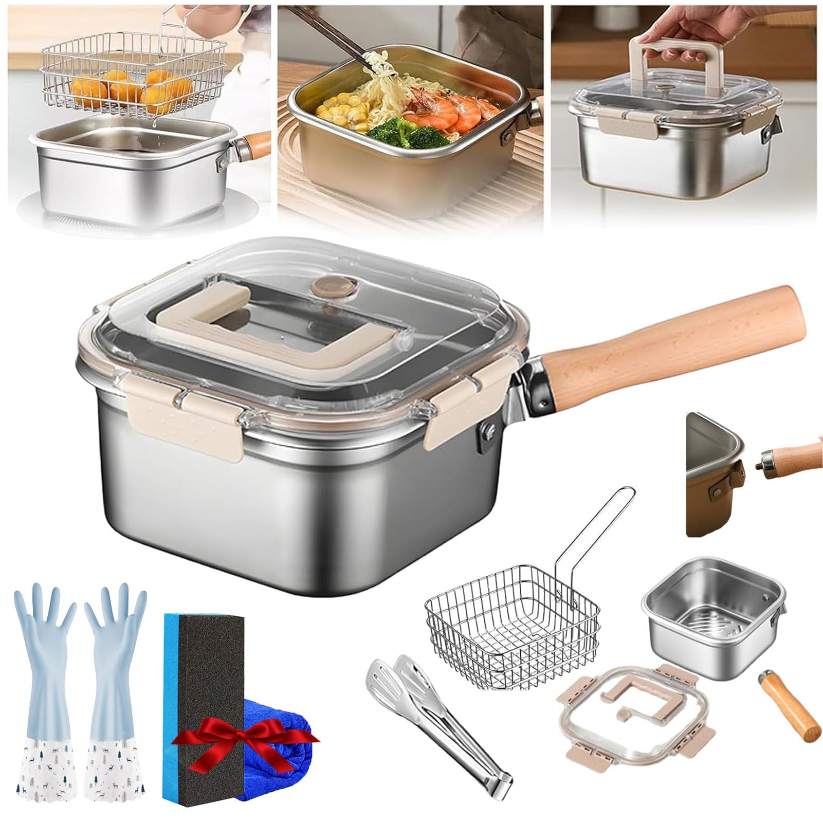 Multi-Function Frying Cooker Set - Fryer, Cooker, Fresh Keeping & Vegetables Washing, Multifunctional Stainless Steel Portable Nonstick Frying Pan with Lid for Kitchen and Camping (Set B)