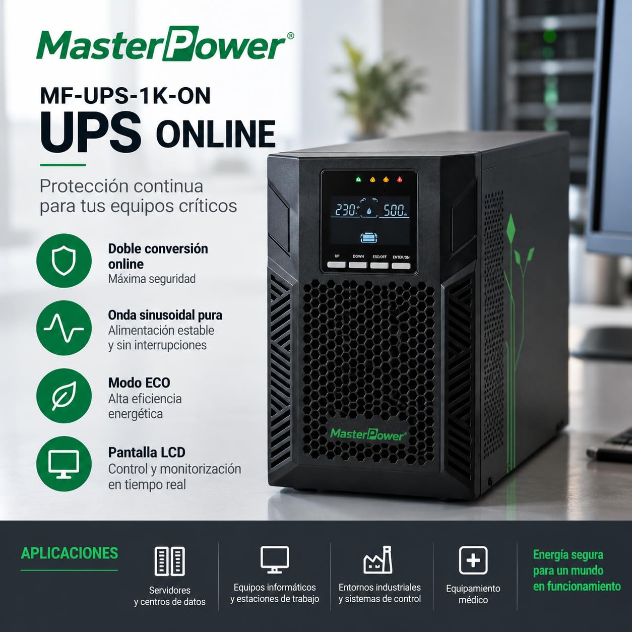 Master U-Power SAI UPS 1000VA 900W Online Doble Conversión, Onda Senoidal Pura, 2 Schuko, Baterías 2x12V 9Ah