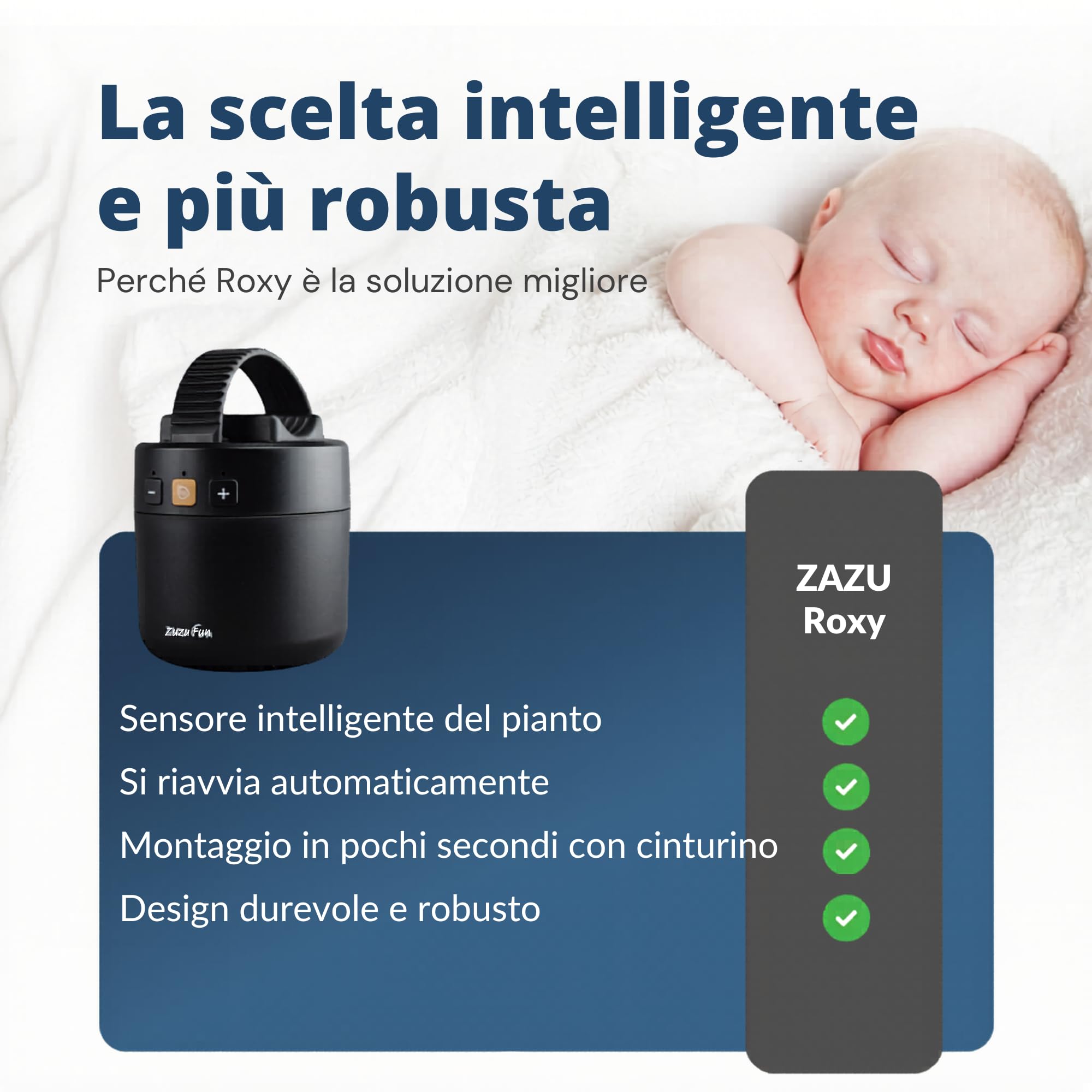 ZAZU ROXY Dondolo Elettrico per Passeggino – Movimento Automatico 40 Minuti, Sensore di Pianto, Intensità Regolabile, Portatile, Ricaricabile USB, Resistente agli Schizzi IPX1