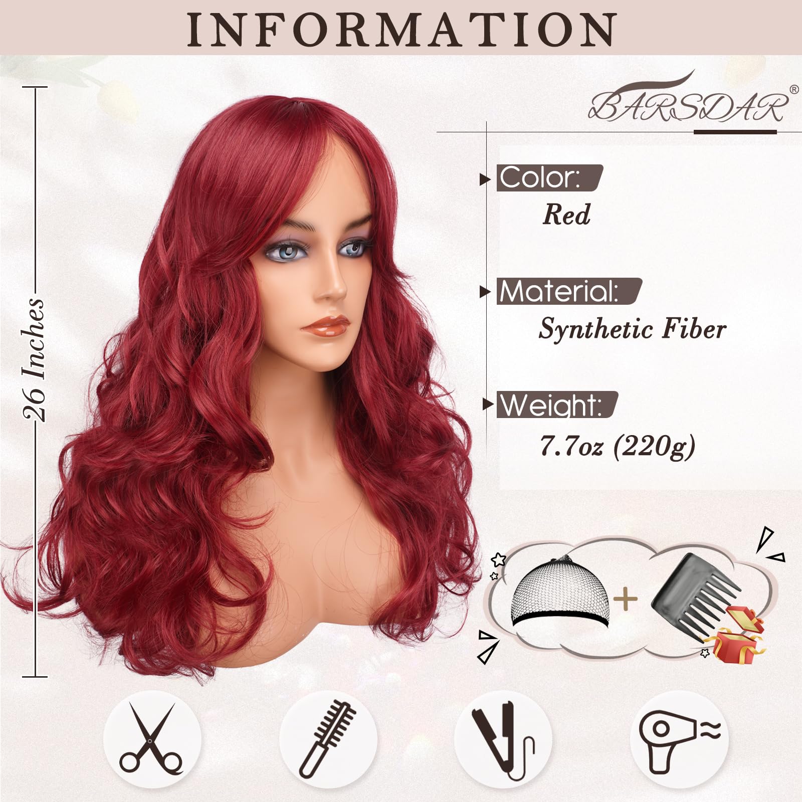 ARIEL RED long straight wavy layered Wig w/ bangs Amazon.com : BARSDAR Long Red Wig with Curtain Bangs - 26  main image 2