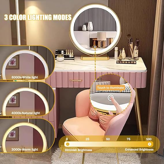 Vanity Makeup Table with 3 Lighting Modes Adjustable Brightness, Round Mirror and Chair, Bedroom Dressing Table with Storage