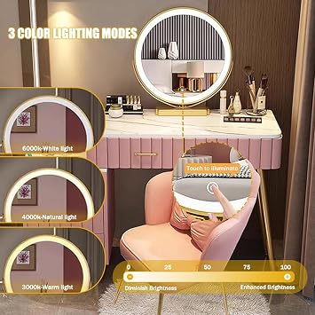 Vanity Makeup Table with 3 Lighting Modes Adjustable Brightness, Round Mirror and Chair, Bedroom Dressing Table with Storage