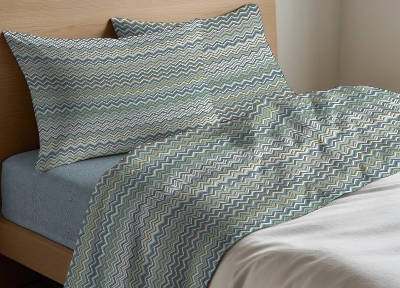 BIANCHERIAWEB Completo Lenzuola Letto in 100% Cotone Rigato Zig Zag Disegno Baia Maxi Verde