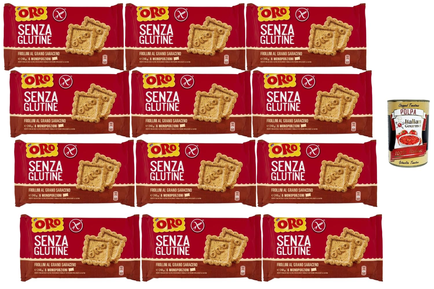 Italian Gourmet Bundle Glutenfreie Buchweizen-Kekse 12x 240g + Italian Gourmet Polpa Gratis – Italienische Frollini al Grano Saraceno, 6 Einzelportionen pro Packung, Frühstückskekse 2,88kg
