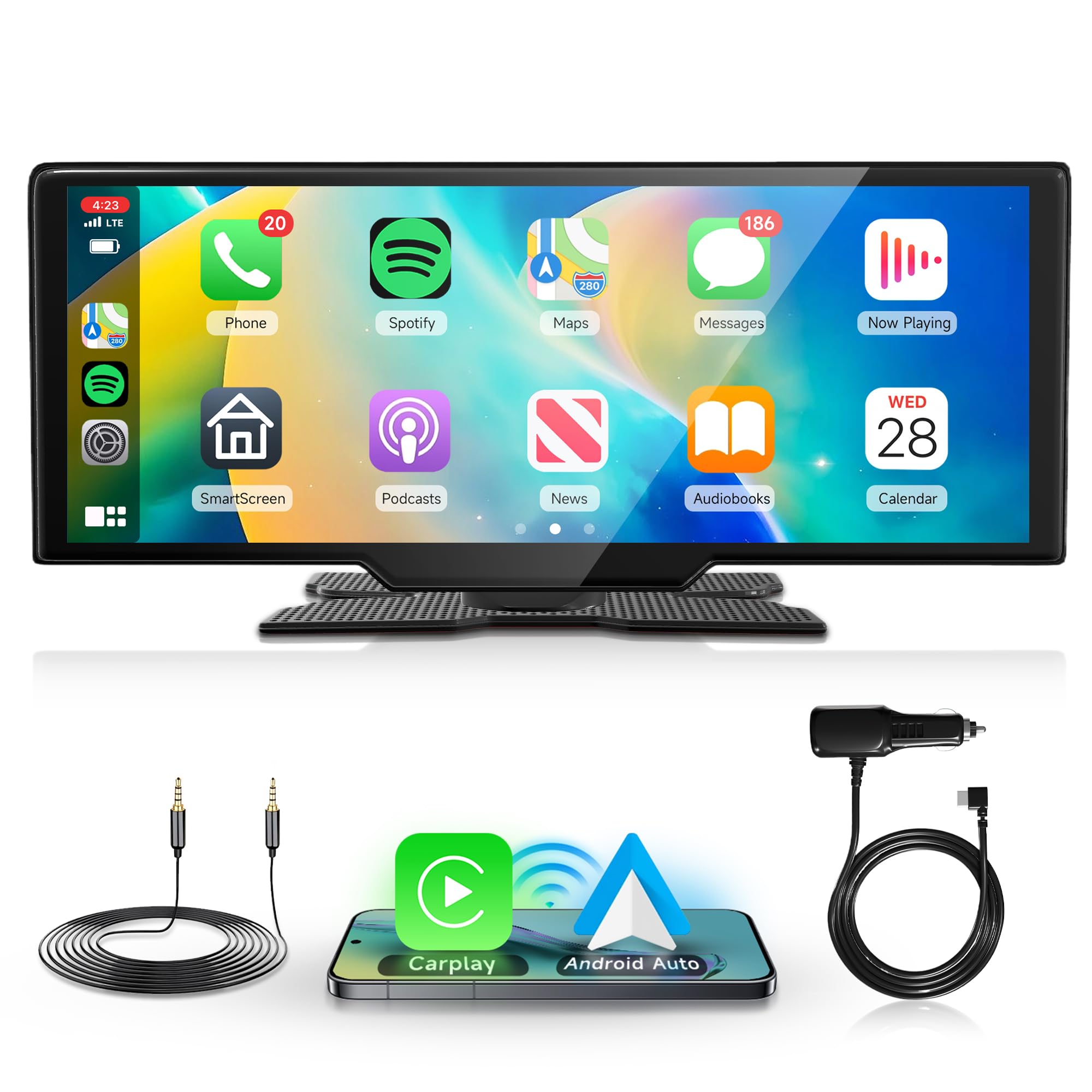 Rimoody - Estéreo portátil inalámbrico para coche, pantalla táctil HD, pantalla táctil portátil CarPlay de 10.26 pulgadas, radio de coche con Siri, Bluetooth, transmisión FM, control de voz, pantalla