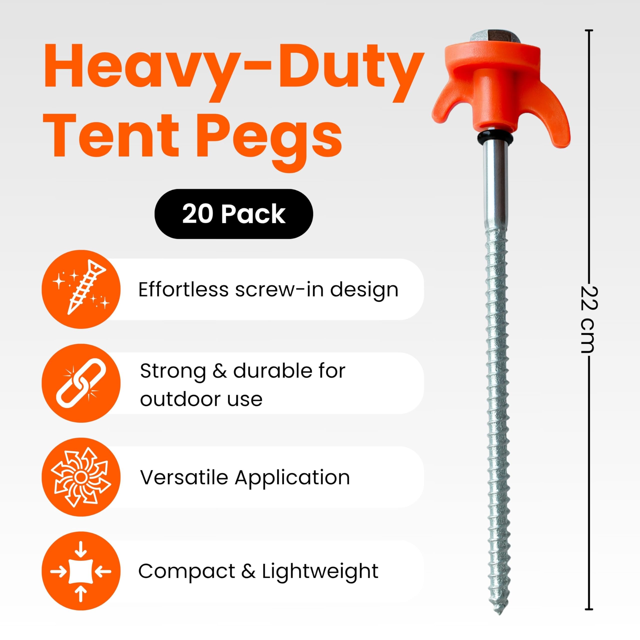Lot de 20 piquets de tente robustes orange de 22 cm avec sac de rangement, mousqueton, anneaux en caoutchouc, embout à douille et maillet – Piquets de camping galvanisés pour l'extérieur
