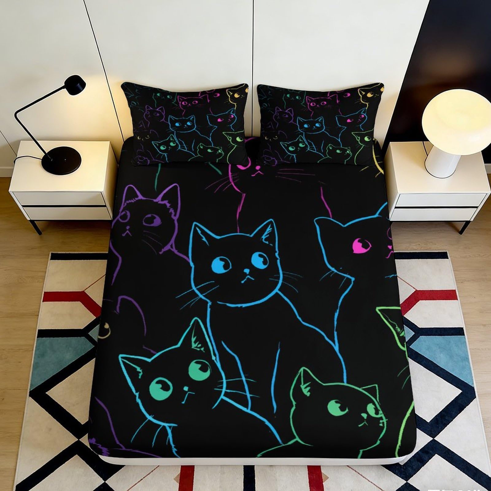 Tjiqhvmrn Style-2 3D Printed Cat Pattern Fitted Sheet Microfiber Deep Pocket Non-Slip Bedroom Bedding Cat Mattress Fitted Cover Full Wrap Protection 90X200x25cm