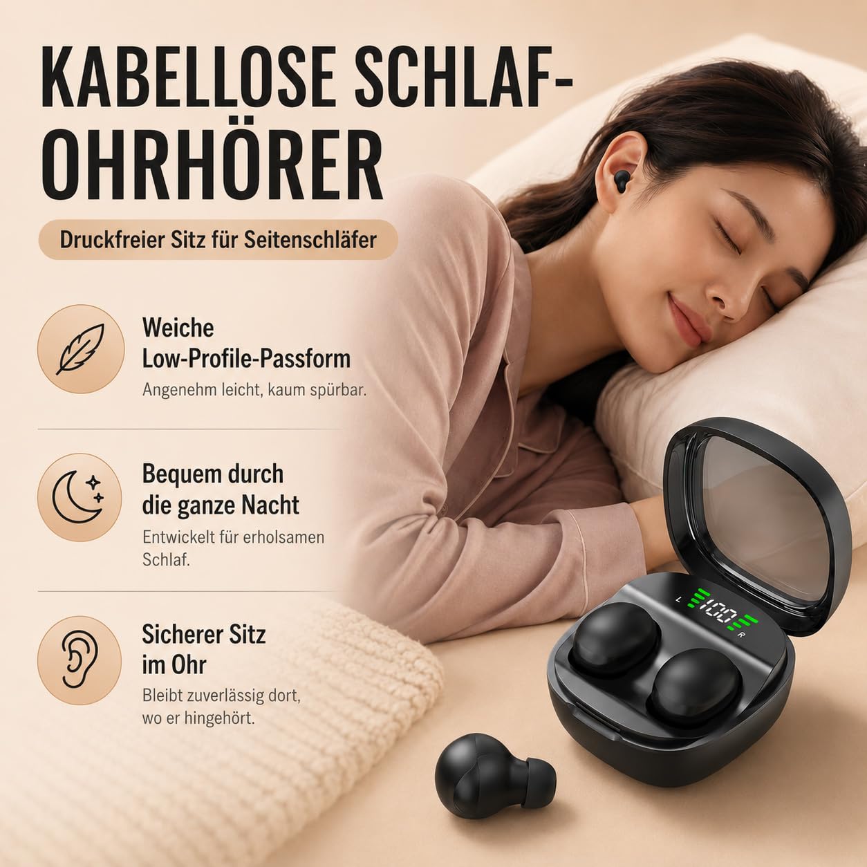 Micool Unsichtbarer Schlaf-kabelloser Kopfhörer, wasserdichte Bluetooth-Ohrhörer, leichte Schlafkopfhörer Bluetooth, schmerzlose, unsichtbare Schlaf-Kopfhörer für empfindlichen Schlaf, lange