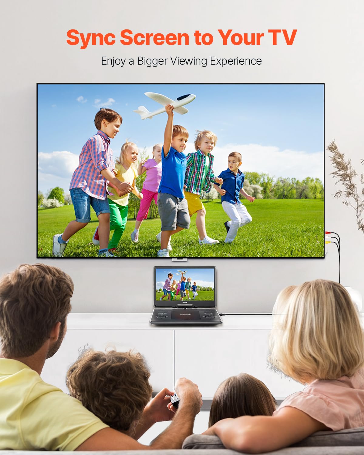 VEVOR tragbarer DVD-Player mit drehbarem HD-Bildschirm (358 mm), eingebauter Akku mit 4,5-5 h Laufzeit, 2 Lautsprecher, unterstützt Synchronisierung von TV/USB/SD-Karte/CD/DVD, Autoladegerät schwarz
