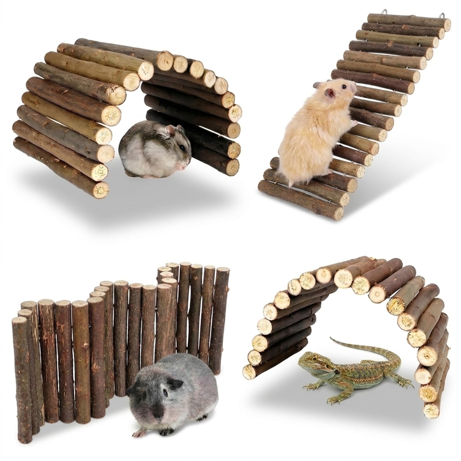 COZERI 2pcs guinea pig toys,Bendable Wooden Bridge chewable for Hamsters,Lizards,Hermit Crabs,tortoise accessories, Reptile Hideout Hut & Wood Climbing Toy, DIY Tunnel/Ramp (4, 10 * 20cm)
