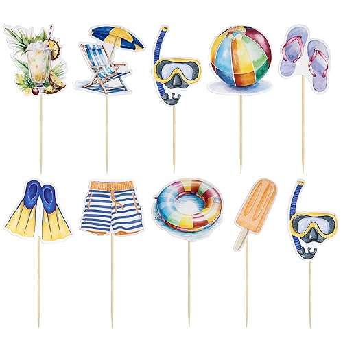 Miniatura 3 de Gyufise 36 piezas de decoración hawaiana para cupcakes de verano para la playa, sombrillas, pantuflas para pasteles, decoraciones hawaianas de Hello