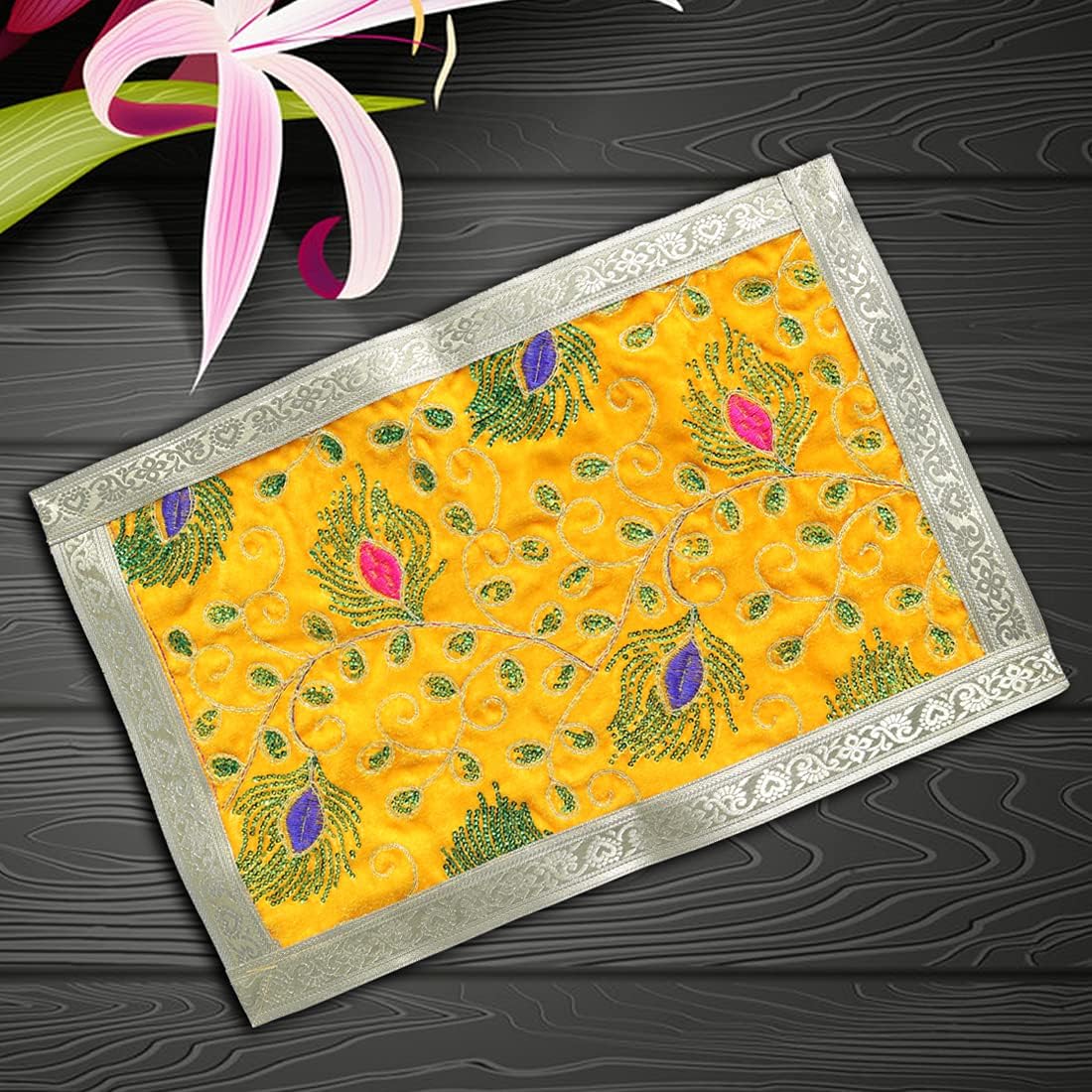 Mor Pankh Yellow Velvet Puja Aasan Mat with Embroidered Design (45×30 cm) – Soft Prayer Cloth for Mandir, Temple & Home | Decorative Pooja Asan for Daily Rituals & Festive Use-picture-10