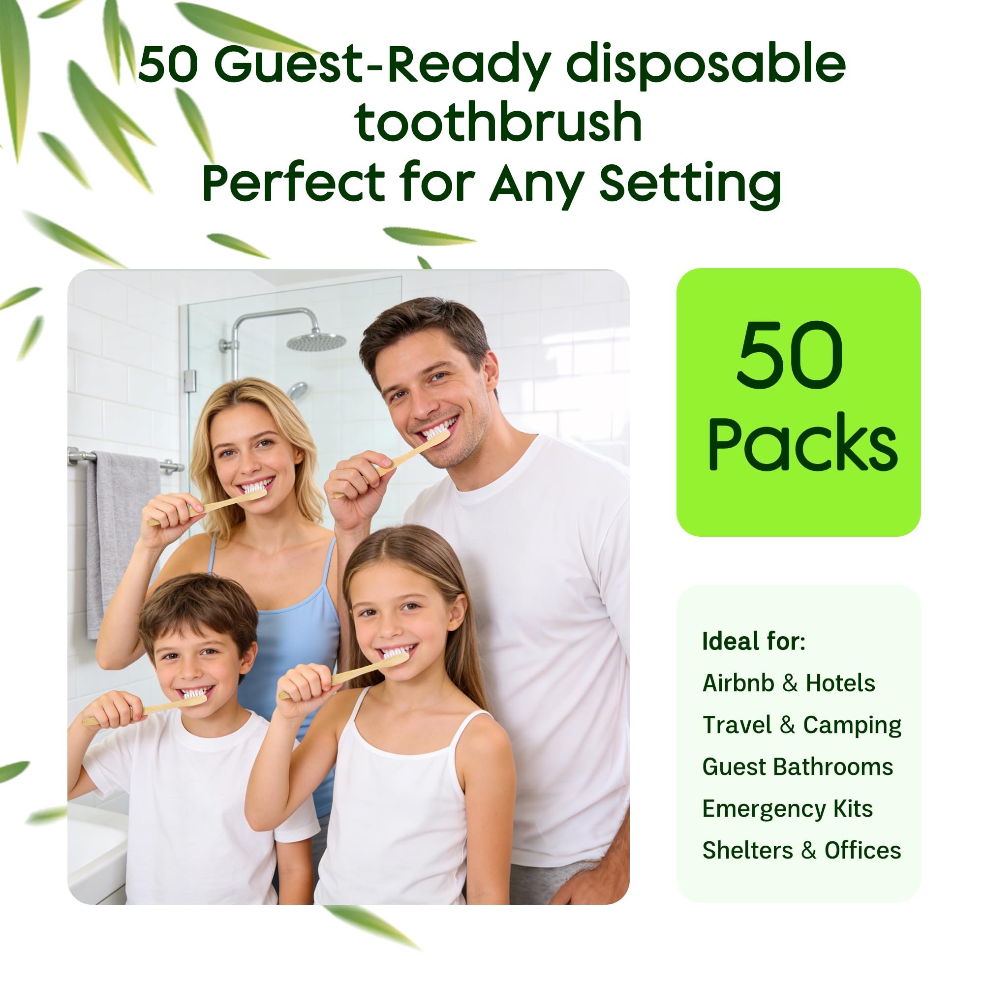 Kit de cepillos de dientes de bambú a granel, paquete de 50 cepillos de dientes desechables de cerdas suaves con pasta de dientes (6 g), kit dental para invitados envuelto individualmente para