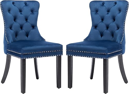Miniatura 1 de KCC Nikki Collection - Juego de 2 sillas de comedor de terciopelo tapizadas de alta gama con anillo trasero de clavo, patas de madera maciza, estilo