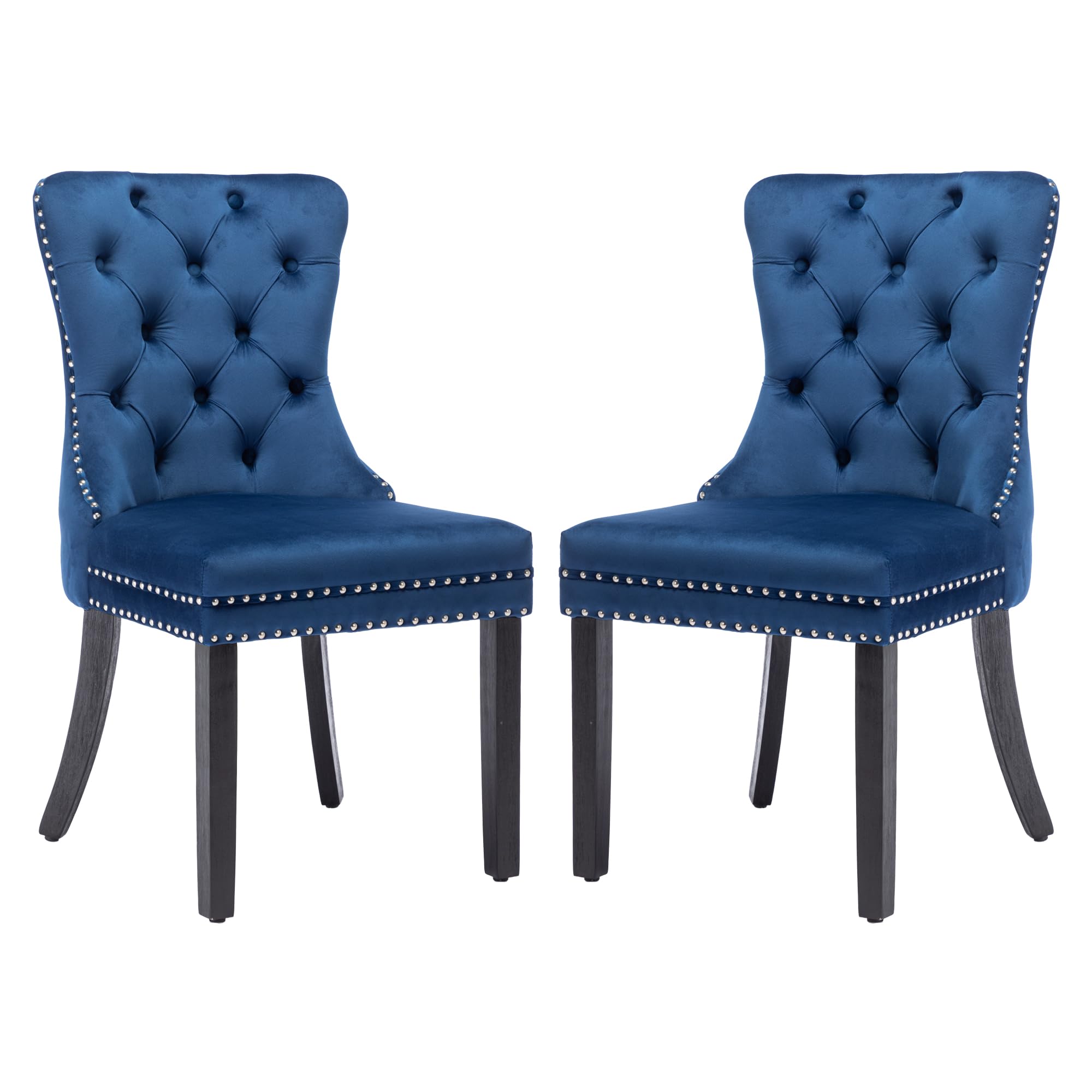 KCC Velvet Dining Chairs Set of 2, Upholstered High-end Tufted Dining Room Chair with Nailhead Back Ring Pull Trim Solid Wood Legs, Nikki Collection Modern Style for Kitchen, Blue