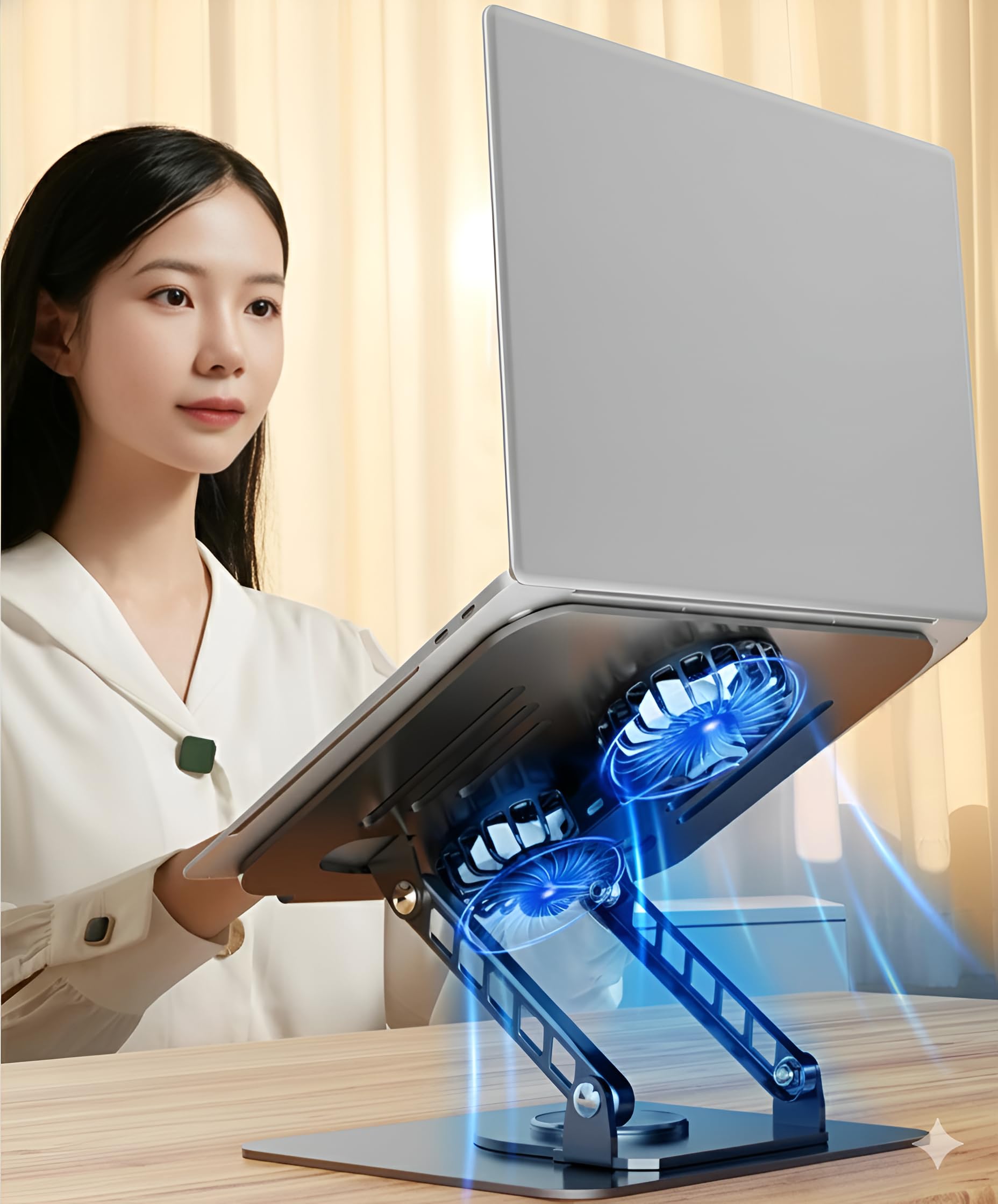 Supporto di raffreddamento per computer portatile con ventola di raffreddamento turbo, altezza e angolo regolabili a 180°, base girevole a 360°, supporto ergonomico pieghevole per notebook compatibile