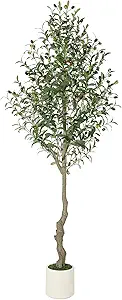 Artificial Olive Tree 6FT Tall Faux Olive Tree Indoor Fake Silk Plant with Realistic Trunk, Leaves, Fruits and White Planter, Faux Potted Tree for Home Decor and Housewarming Gift, 1 Pack