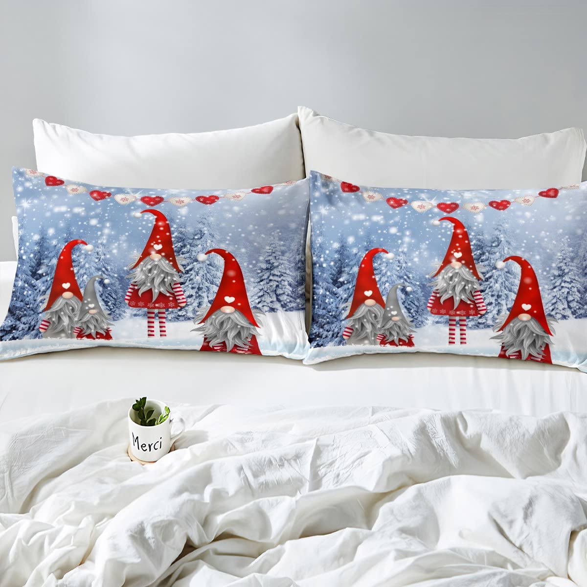 Homemissing Thème GNOME De Noël Courtepointe Courtepointe De Noël Motif Nain Draps Lit Rouges Et Bleus Costume Garçon Et Fille Décoration Paysage Neige 220x240cm