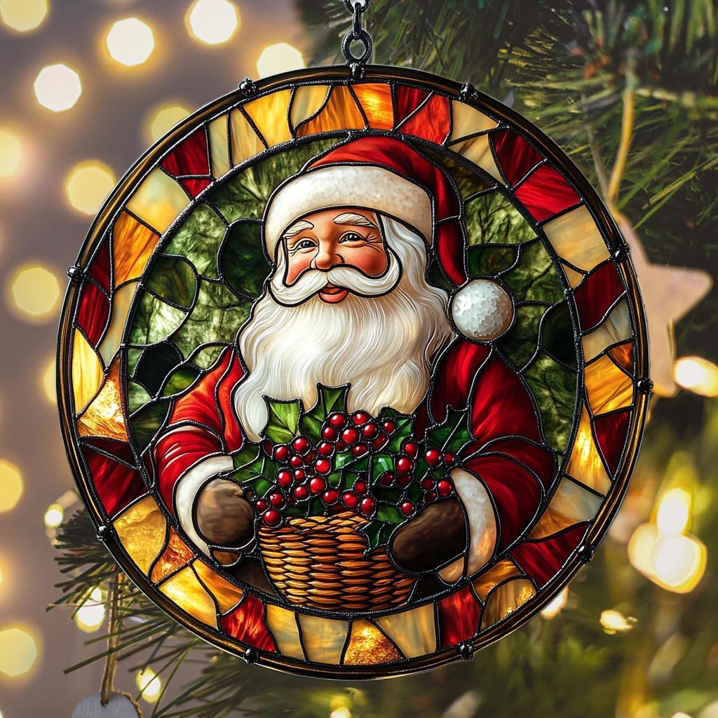 Santa Claus Acrylic Suncatcher Stained Glass Effect Window Car Hanging Christmas Ornament Indoor Outdoor Decor Garden Sun Catcher Panel for Christmas Lover for Women Mom Grandma
