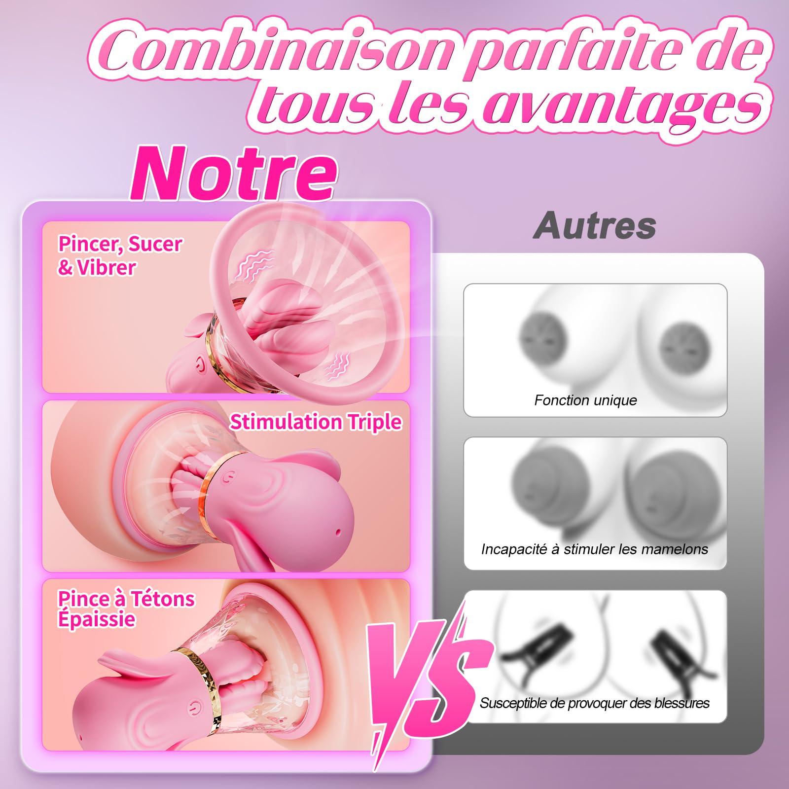 Vibromasseurs Feminin Sex Toys Sextoy – Pince à Tétons & Suceur avec Ventouse, 10 Modes de Vibration, Stimulateur de Mamelon pour Femme & Couple