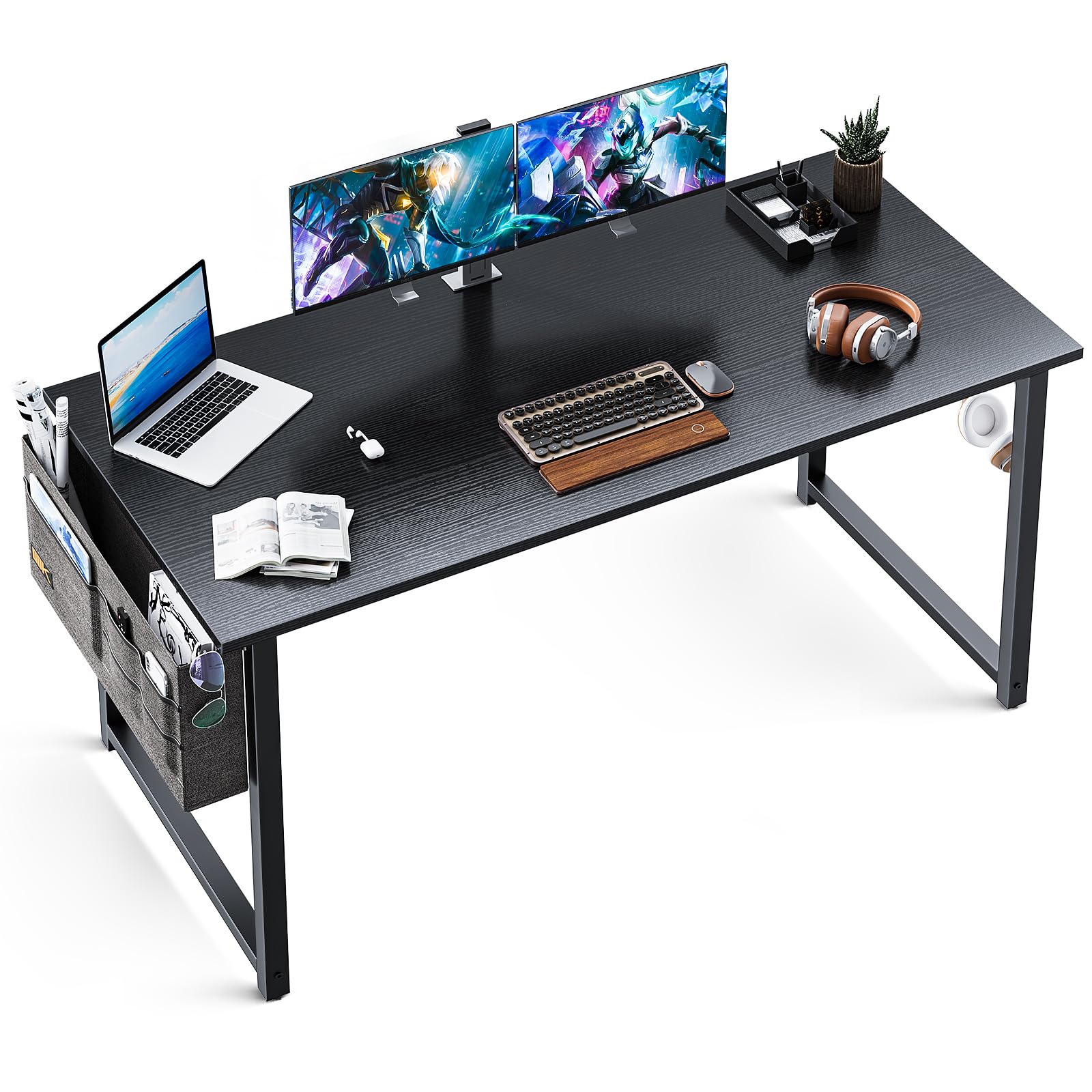 ODK Computer Desk Large Office Desk, 55 Inch Gaming Desk with Storage, Modern PC Desk Work Table with Headphone Hook for Home Office, Black