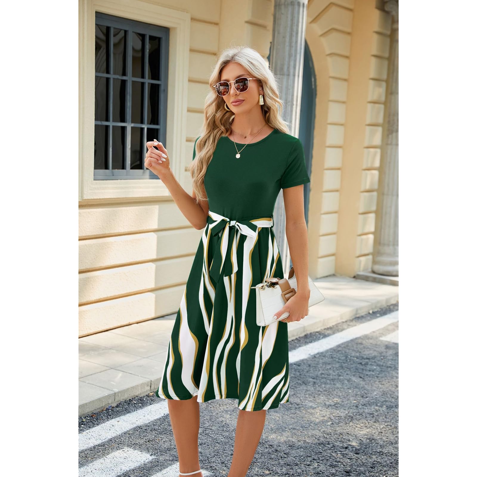 Vestido de Verano Mujer Vestido de Vacaciones de Verano Casual con Vestido de Cuello Redondo con Tirantes de Midi de Manga Corta, HUTALIM, Verde oscuro, XXL